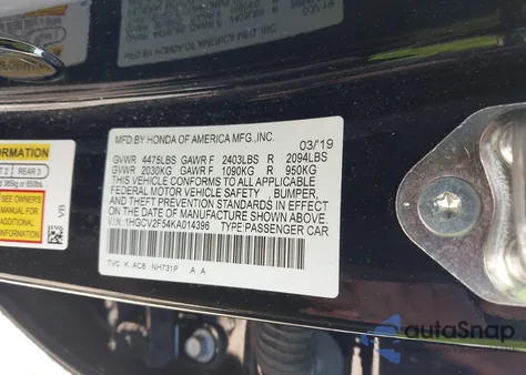 2019 Honda Accord Ex-L 2.0T from USA, damaged, VIN 1HGCV2F54KA014396